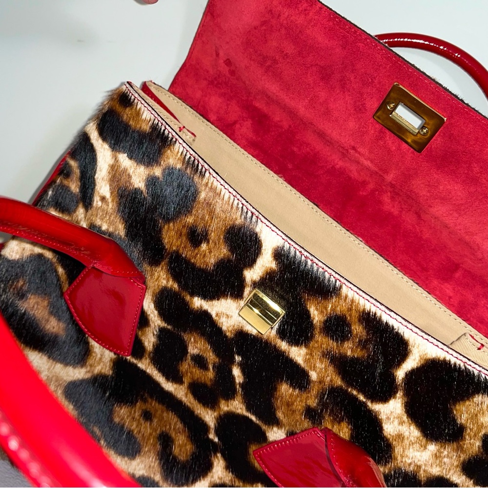 Vintage Leopard Calf Hair & Red Patent Accent Handbag
